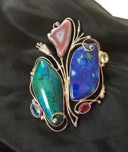 Natural Chrysocolla, Agate,Garnet, Blue Topaz, Sterl.Silver Handmade Pin-Pendant - Picture 1 of 4