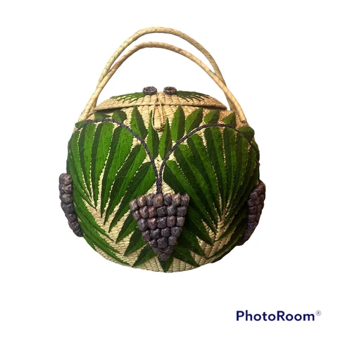 Vtg Extra Large Handmade Woven Basket Grapes Crewel Embroidered with Lid Cover