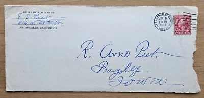1928 Bagley, IA to Ralf Arno Peet from L.A., CA Peet geneaology letter 2c posted - Image 1 of 4