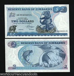 ZIMBABWE 2 DOLLARS P-1 1983 REPLACEMENT BUFFALO TIGER FISH UNC MONEY RARE NOTE - Picture 1 of 6