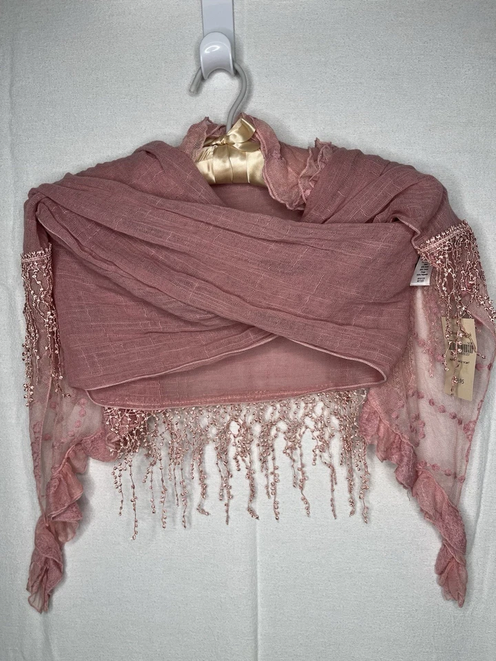 BOHO Artsy 荷叶边蕾丝围巾 Coldwater Creek 粉红色钩针花边新品 — 第 1/4 张图片