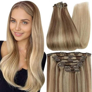 Clip in Hair Extensions Echthaar Clip in Extensions Balayage Goldbraun T... - Bild 1 von 9
