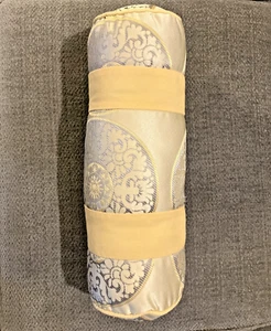 Yellow Gold Floral Bolster Cylindar Pillow Jacquard Blue Gray Cording Trim Satin - Picture 1 of 14