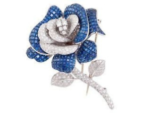 925 Sterling Silver Brooch Cubic Zirconia Rose Cut Rose Shape Blue Pin Best ing