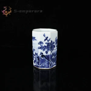 Vecchio vaso cinese porcellana blu e bianca dipinto a mano fiori uccellino portapenne - Foto 1 di 8