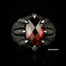 Solid 925 Sterling Silver Turkish Jewelry Red Zircon Claw Men's Ring All Size