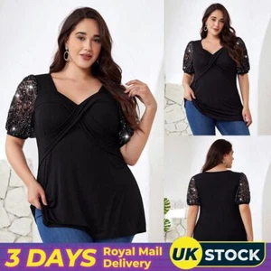 UK Womens Plus Size Rhinestone Tops Puff Short Sleeve Work Party Shirt Blouse - Picture 1 of 24