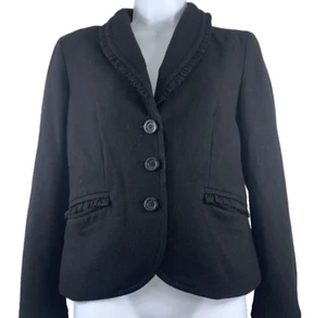 J Crew Womens 8 Blazer Jacket Black Wool Cashmere Silk Ruffled Button Swing Coat - Picture 1 of 11