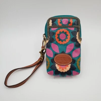Cartera de muñeca Fossil 5,5 pulgadas verde azulado púrpura floral tela al óleo PVC lona marrón adorno LEER Foto 1 de 4