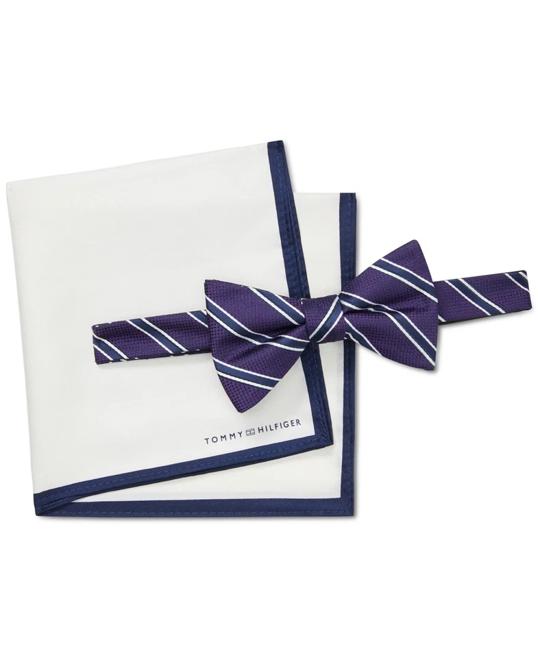 Tommy Hilfiger Hombre 2 Piezas Juego de pajarita a rayas y cuadrado de bolsillo Kingston Foto 1 de 1