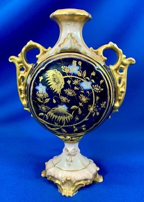 ELEGANT ROYAL RUDOLSTADT HEAVY GOLD PINK & COBALT BLUE HANDLED VASE 9.25"H X 7"W - Image 1 of 4