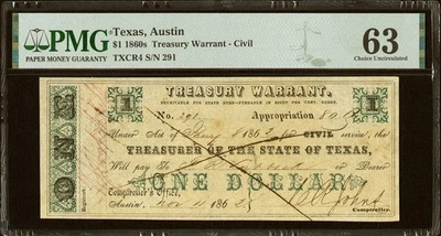 PMG 63 $1 1862 Texas Austin Treasury Warrant, Confederate Banknote Civil War - Image 1 of 4