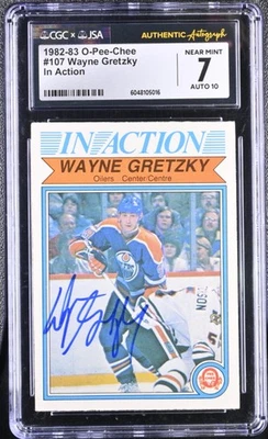 Wayne Gretzky Signed 1982-83 O-Pee-Chee Card #107 Oilers CGC 7 JSA 10 Auto - Image 1 of 2