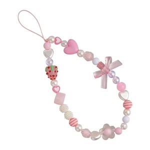 Strawberry Heart Bowknot Keychain Anti-lost Chain Beaded Pendant Wristband Strap - Zdjęcie 1 z 8