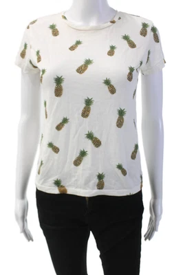 Alice + Olivia Womens Beaded Pineapple Print Crew Neck T-Shirt White Combo Sz S - Image 1 of 4
