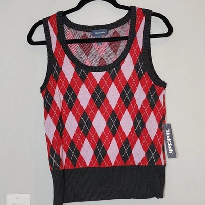 NWT Modcloth Red Purple Grey Silver Metallic Argyle Sweater Vest Medium Preppy - Image 1 of 4