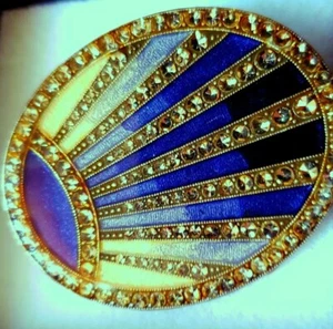 Art Deco Signed Pierre Bex Vintage Blue Yellow Brooch Pin- Trombone clasp - Picture 1 of 9