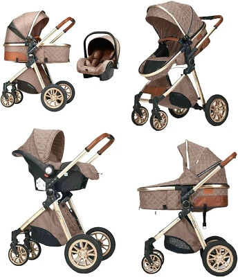 3in1 Kinderwagen Kombi Babywanne Buggy + Auto Babyschale viel Zubehör Khaki/Gold - Bild 1 von 4