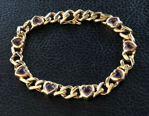 Gold Sterling Silver Bracelet Cuban Miami Link Amethyst Heart 7.2" 16g 925 #1549