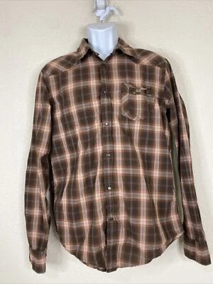 Guess Men Size L Brown/Orange Plaid Snap Up Western Shirt Long Sleeve - Image 1 of 4
