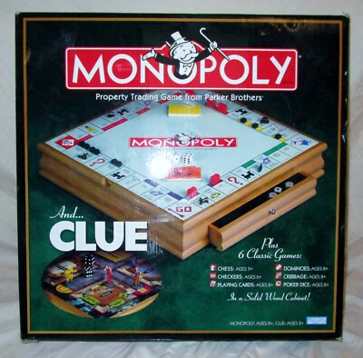Deluxe Wood Cabinet Monopoly & Clue + Cribbage, Chess, Checkers, Dominoes, Poker - Image 1 of 4