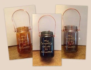 GLASS MASON JAR "MY FAVORITE COLOR IS AUTUMN" TEALIGHT CANDLE HOLDER NEW - Picture 1 of 8