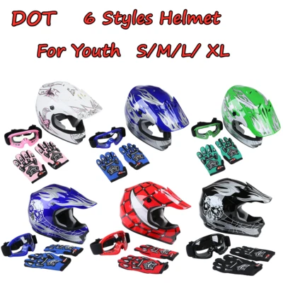 DOT Youth Kids Helmet Dirt Bike ATV Motocross Off-Road S/M/L/XL Goggles Gloves - Изображение 1 из 4
