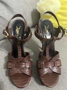 YSL Saint Laurent Tribute 105 Leather Platform Sandals Brown Women's Sz 39 - Picture 1 of 14