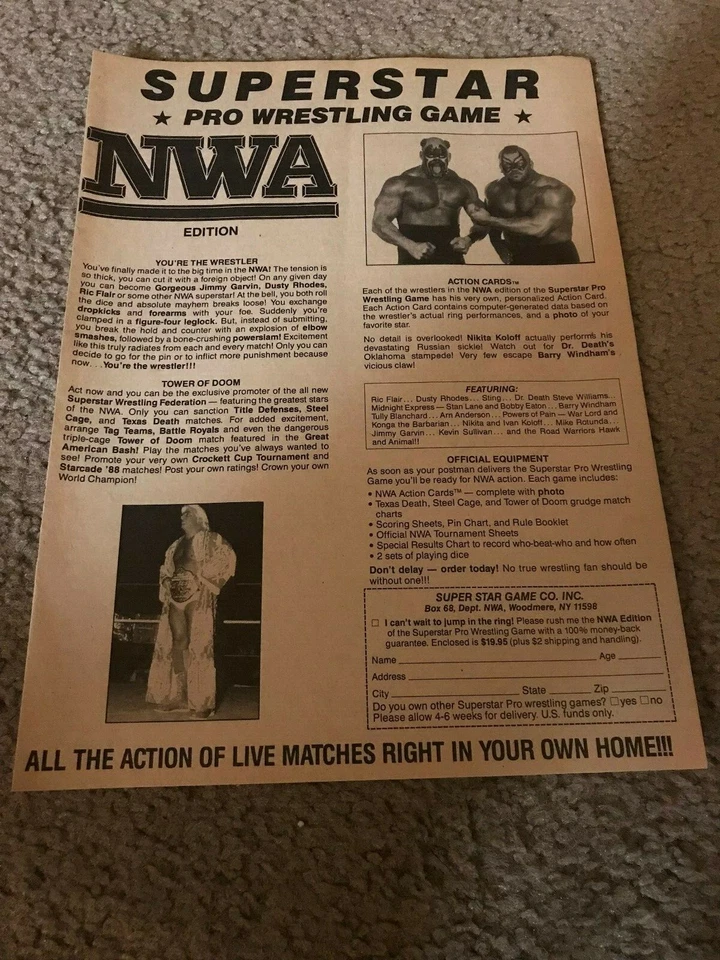 De colección 1980 NWA PRO WRESTLING GAME Anuncio Impreso ROAD WARRIORS RIC FLAIR RARO Foto 1 de 1