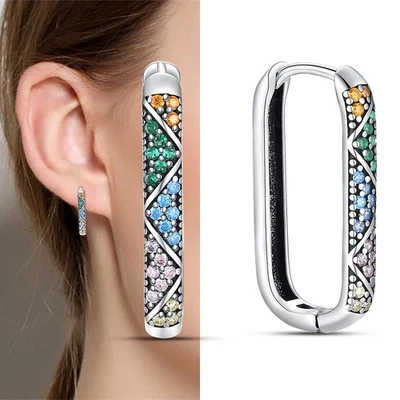 PANDACH 925 Sterling Silver Colorful CZ Geometric U-Shaped Hoop Earrings Womens - Image 1 of 4