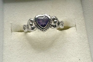 Anello cuore bambino vero argento sterling 925 zirconi ametista altezza 7 mm misura 2 bambine - Foto 1 di 9