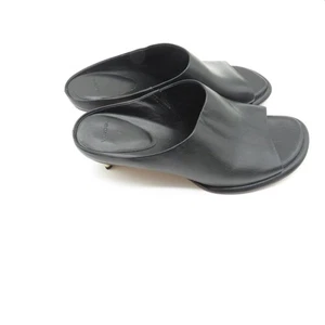 Mules Vince Mujer Cuero Negro Punta Abierta con Tacones Bloque Dorado Talla 6.5 NUEVO - Imagen 1 de 7