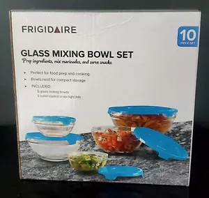 Frigidaire Glass Mixing Bowl Set 10 Piece (5 bowls, 5 Blue Lids) Sealed Box - Picture 1 of 5