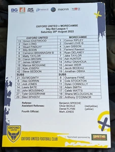 Oxford United v Morecambe A5 Team Sheet -Lge 1 - Played 20/08/2022 - For Charity - Picture 1 of 1