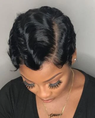 Peluca corta onda dedo rizada negra sexy pelucas parte L encaje pelucas delanteras para fiesta Foto 1 de 4