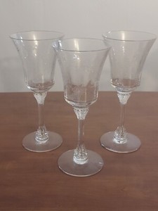 3 Heisey CRINOLINE Stem 5010 Etch 502 FLORAL & BOW Elegant Glass WATER GOBLETS