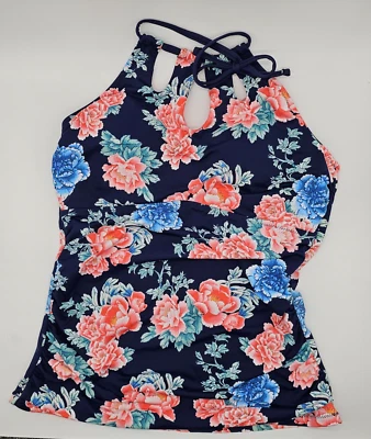 Leilani Tankini Top Women's Size 10 Blue Floral Halter Swimsuit Swim Top - Image 1 of 4