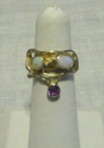 925 Silver (Sterling) Ring Vermeil Opal Triplets Amethyst Accents Size 4 3/4