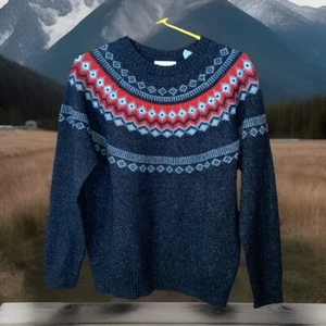 WEATHERPROOF VINTAGE Fair Isle Sweater Sz M Black Red Crew Neck Long Sleeve - Picture 1 of 7