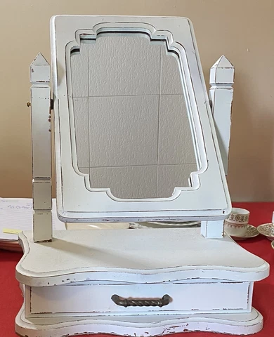 Vanity, Shaving Mirror. White Wood Dresser Top Stand w Lined Drawer. EUC Cover