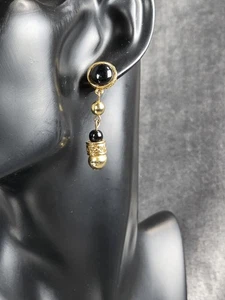 Signed CLE Gold Tone Black Cabochon Dangle Drop Pierced Earrings Post Back - Picture 1 of 6
