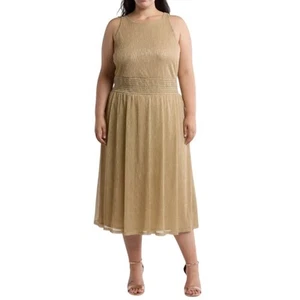NWT Marina 2X Gold Dress Shimmer A-Line Midi Cocktail Formal Wedding Holiday - Picture 1 of 11