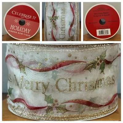 VTG Celebrate It Wired Christmas Ribbon Glitter Gold Red Berries Holly Green NEW - Image 1 of 4