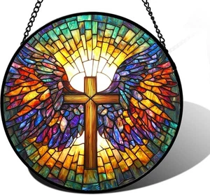 Stained Glass Window Hanging - Jesus Cross Wings Suncatcher 6.3x6.3 IN, Gold - Picture 1 of 6