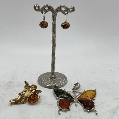 Pendientes de plata de ley 925 ámbar báltico mariposa colgante 925 prendedor de ángel Foto 1 de 4