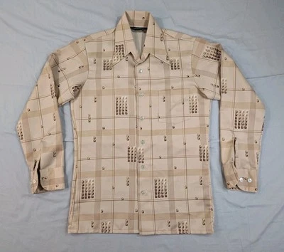 Camisa De Colección Años 60 70 Imagen Adulto Pequeña Bronceada Geométrica Ocio Rave Abotonada Foto 1 de 4