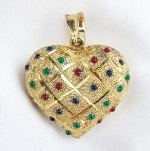 Ciondolo FAS argento sterling oro spazzolato inciso cuore soffiato con perline colorate - Foto 1 di 5