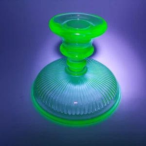 Vintage Green Vaseline Glass Candle Holders Set of 2 Ribbed Design - Picture 1 of 8