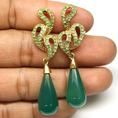 Plata de ley 925 11 x 22 mm. Pendientes de ágata verde y granate tsavorita Foto 1 de 4
