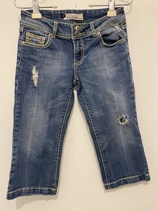 Vigoss Denim Jean Capri Size 3 Distressed Blue Denim Embroidery Pockets - Picture 1 of 5